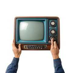 Vintage Television Control Hands Adjusting Isolated on White Background