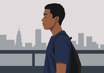 A young man pauses, taking a deep breath with eyes closed, overlooking a city skyline. Calm, contemplative, and stylish. Suitable for wellness and urban themes.