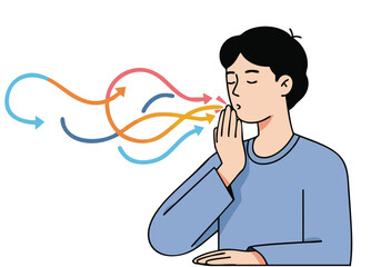 A young man practices energy sensing with closed eyes, surrounded by swirling colored lines. Illustrative, modern style. Focus on energy flow.