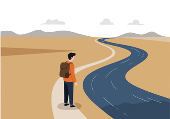 A young man walks along a winding path towards a river, contemplating the future. Scenic desert landscape, peaceful journey, hopeful outlook. Suitable for travel, adventure, and motivational themes.