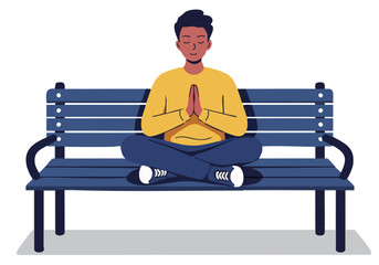 A serene young man meditates on a park bench, embodying tranquility. Simple, calming illustration with a muted color palette. Perfect for wellness and mindfulness themes.