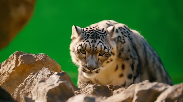 Snow leopard on rocks against green background