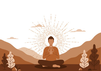 A serene man meditates outdoors, bathed in warm energy. A peaceful landscape and radiant light create a sense of calm and wellbeing. Ideal for wellness and mindfulness themes.