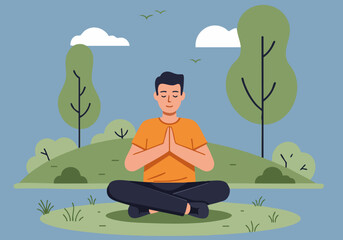 A serene man meditates outdoors in a park setting. He sits in a relaxed posture, conveying peace and mindfulness. Soft colors and natural elements create a calming visual.