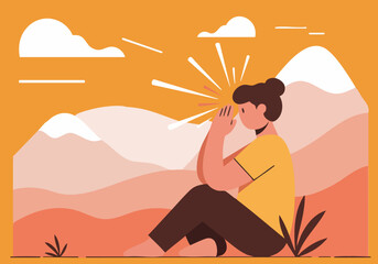A serene woman kneels outdoors, meditating with a burst of light. Soft colors and a peaceful landscape create a calming visual.