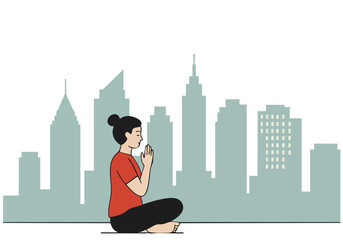 A serene woman meditates amidst a bustling city skyline. Minimalist illustration evokes calm and urban tranquility. Perfect for wellness and lifestyle branding.