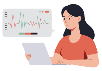 A young woman analyzes a heart rate graph on her laptop, conveying calm and focus. Modern illustration style with a soft color palette.