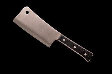 Kitchen knife on a black background, close-up, top view.