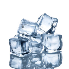 Crystal Clear Ice Cubes on Reflective Surface Against Bright Background