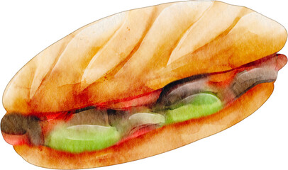 watercolor vietnam banh mi sandwich