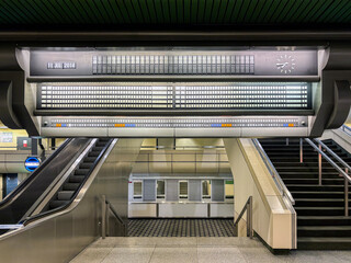 Split-flap display above the staircase leading to the first floor of the International Congress Center, Berlin. The Split-flap display is used for navigation to the 80 halls and rooms.