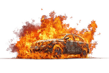 A car engulfed in intense flames and smoke against a white background