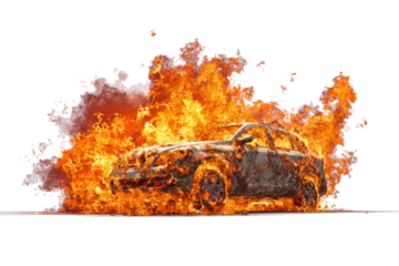 A car engulfed in intense flames and smoke against a white background