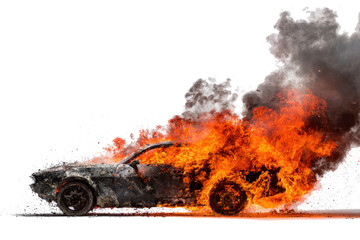 Car engulfed in flames and thick black smoke against a white background