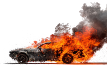 Car engulfed in flames and thick black smoke against a white background