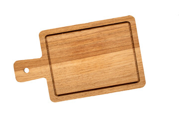 Kitchen wooden board on a white background, close-up, top view.