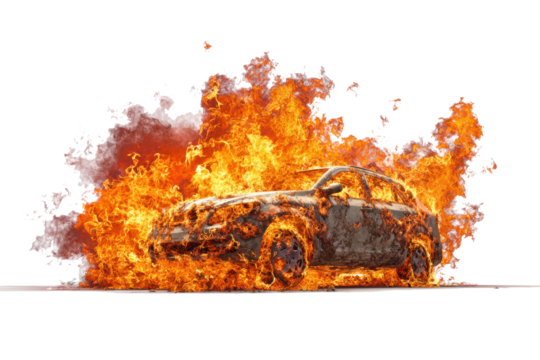 A car engulfed in intense flames and smoke against a white background