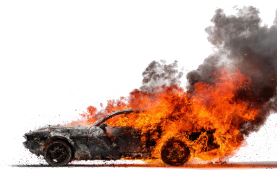 Car engulfed in flames and thick black smoke against a white background