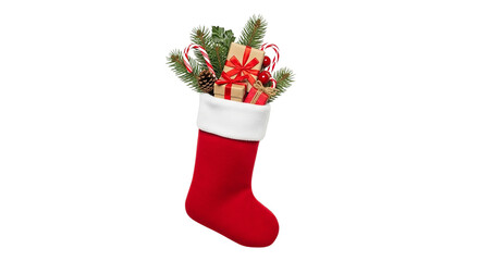 Red and white Christmas stocking filled with gifts, a festive holiday decoration isolated on white