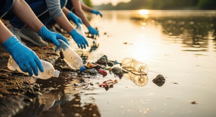 People cleaning up litter from riverbank at sunset