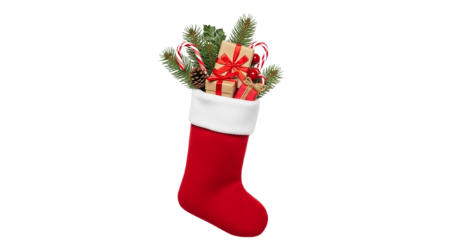 Red and white Christmas stocking filled with gifts, a festive holiday decoration isolated on white