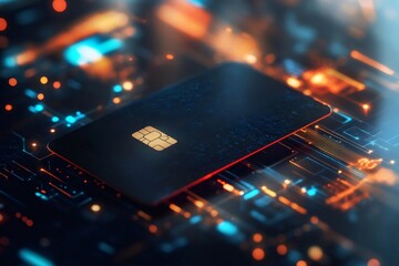 Credit card resting on an illuminated digital circuit board, symbolizing secure online transactions and financial technology