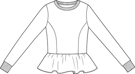 Peplum top technical fashion sketch, princess seams, round neckline, ribbed cuffs and hem, front and back view, cad drawing flat vector illustration