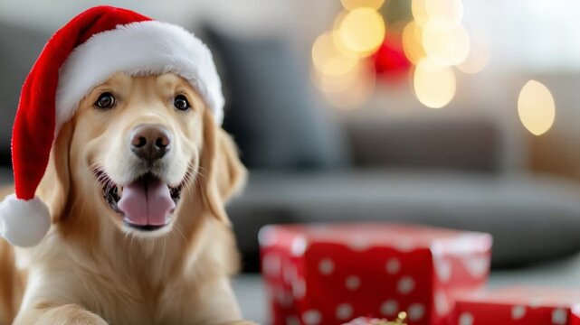 Festive Canine: A golden retriever dons a Santa hat and emanates holiday spirit, a stack of Christmas gift at its side. capturing the anticipation and joy of the holiday season.