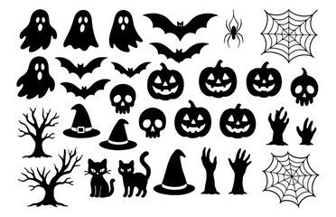 Halloween ghost bat spider web pumpkin skull witch hat zombie hand cat spooky tree silhouette set