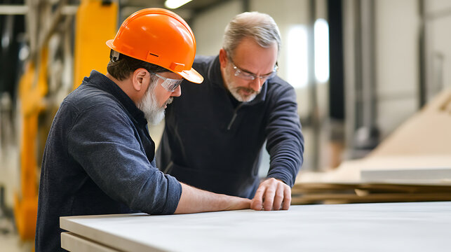 Two men in safety gear, one wearing a hard hat, examine a large, flat surface in a warehouse or factory, collaborating on a project with focused attention.