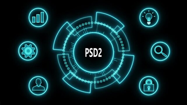 Glowing Neon line PSD2 business and technology concept. Financial success concept on virtual screen. Business, Technology, Internet and networking concept. 4k video