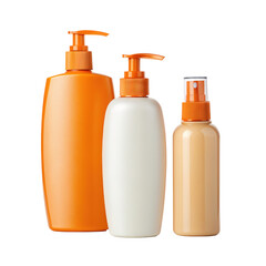 Three bottles of sunscreen lotion, sunblock, and spray for sun protection isolated on transparent background for summer vacation