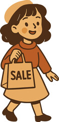 A cute flat  illustration of a smiling girl holding a shopping bag labeled “SALE,” representing shopping, discounts, and seasonal promotions.