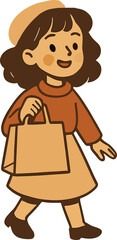 A flat zzzzzzz illustration of a cheerful girl in warm autumn tones carrying a shopping bag, symbolizing shopping, leisure, and retail activities.