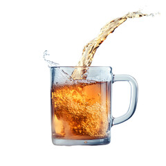 Clear glass mug with liquid being poured, refreshing and vibrant image for commercial use