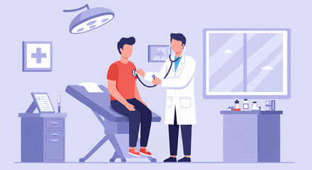 Doctor examining a patient with a stethoscope in a medical examination room.