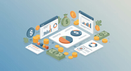 Isometric illustration of financial data analysis with charts, graphs, money, and coins.
