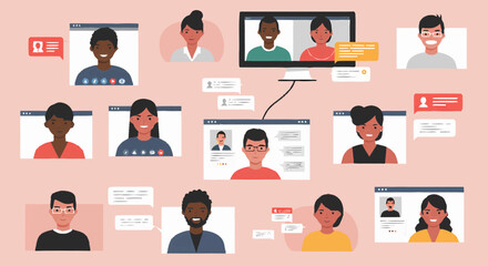 Diverse group of people participating in a virtual meeting or online conference call.