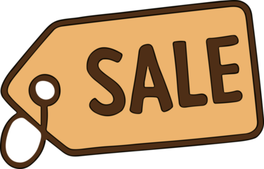Simple cartoon-style sale tag illustration with bold brown lettering on a beige background, symbolizing discounts and promotions.