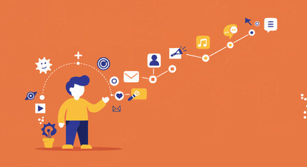 Illustration of a person interacting with a digital interface, surrounded by various icons representing social media, communication, and data.