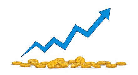 A blue arrow graph showing an upward trend over a pile of gold coins, symbolizing financial growth and investment success.