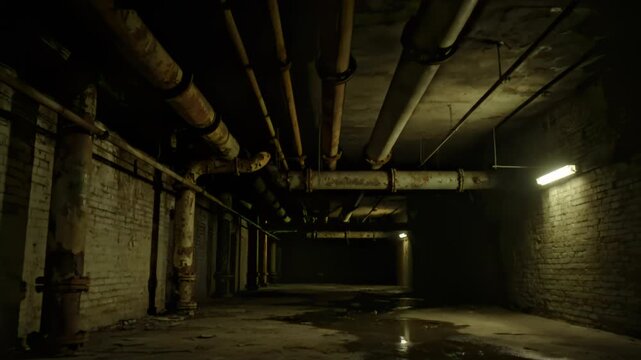 Exploring Dark, Abandoned Basement With Water Pipes and Brick Walls