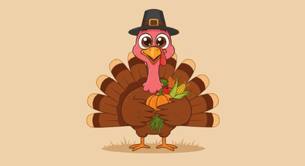 A cartoon turkey wearing a pilgrim hat and holding a pumpkin and corn cob, celebrating Thanksgiving.