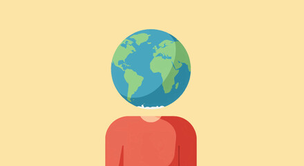 An illustrated representation of a person with the Earth as their head, symbolizing global awareness, environmental responsibility, and an interconnected human perspective
