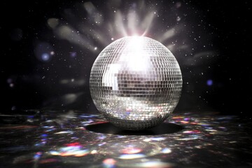 Obraz premium disco,spotlight,mirror,sphere,ball,glitter,dark,isolated,decoration,shiny,glass,sparkling,light,metal,party,dramatic,reflection,round.
