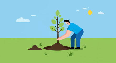A person planting a tree in a field on a sunny day
