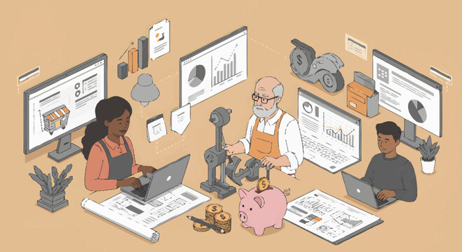Modern entrepreneurs building and growing diverse businesses, from artisanal crafts to e-commerce, with strategic planning, digital management, and financial oversight for success
