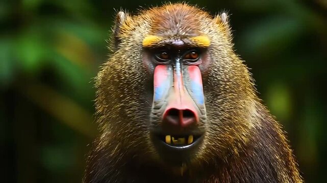 Close-up portrait of a colorful mandrill with intense gaze in lush green forest