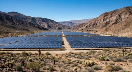 Solar panel field in desert landscape