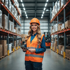 A smiling blonde women, wearing a safety vest and hard hat inside of a storage facility